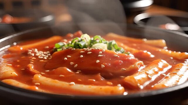 Delicious Korean Tteokbokki Dish with Sesame Seeds and Green Onions.