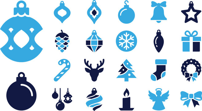 Collection of Christmas ornaments and holiday symbols in blue and dark blue on white.