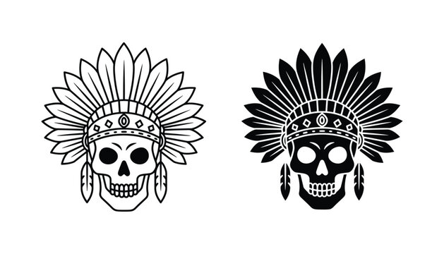 Native American chief skull with traditional feathered war bonnet in black and white vector graphic style