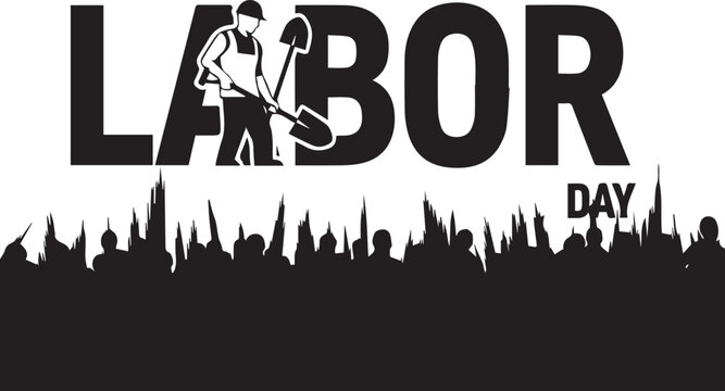 Labor day illustration a worker silhouette against a city skyline