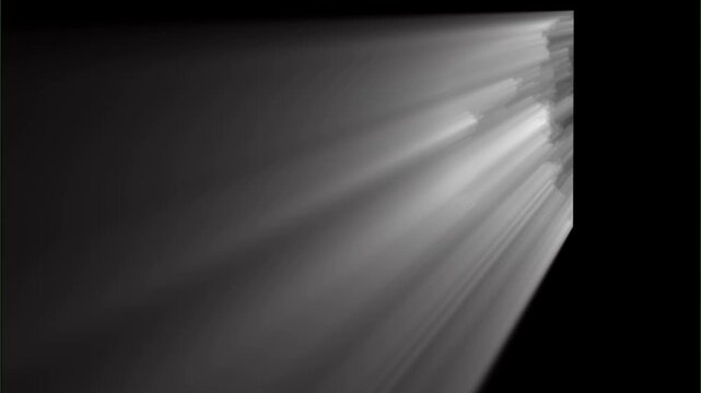 Cinematic Sunlight Volumetric God Rays Streaming Through Window; Realistic White Light Beams and Lens Flare Overlay on Black Background for Video Compositing.