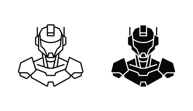 Futuristic cyborg soldier head icon in outline and solid black style for sci-fi character design and technology interface elements