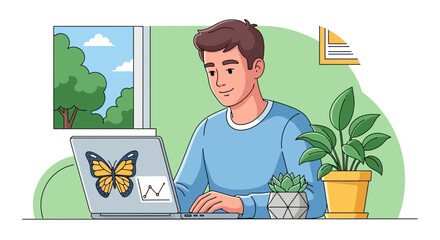 Obraz premium Man working on laptop at home office with plants, looking out window