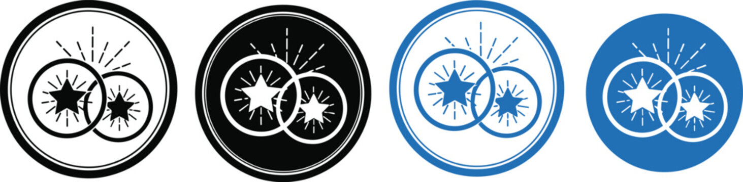 Casino coins icon set, overlapping tokens with stars, gambling chips, currency symbols, black white blue variations, vector illustration, gaming, reward