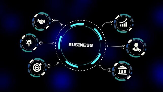 Business concept with circular digital interface, connected workflow systems, strategic operations icons and modern corporate technology visualization design.