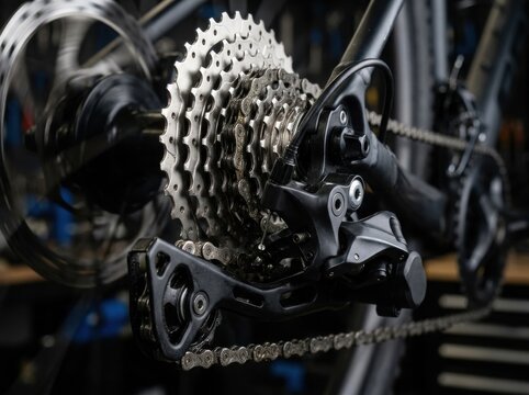 Professional Bicycle Rear Derailleur and Multi-Speed Cassette System. Technical detail of modern cycling drivetrain components and bike chain in a maintenance workshop setting.