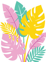 Fototapeta premium Vibrant graphic illustration of tropical leaves in pink, yellow, and teal, featuring monstera and palm fronds.