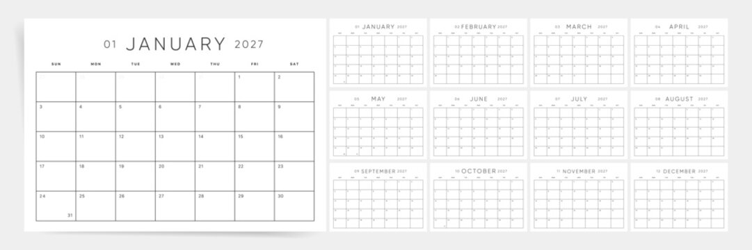 Monthly calendar template for 2027 year. Minimalist planner for 2027 year. Week Starts on Sunday. Calendar Set for 2027 year.