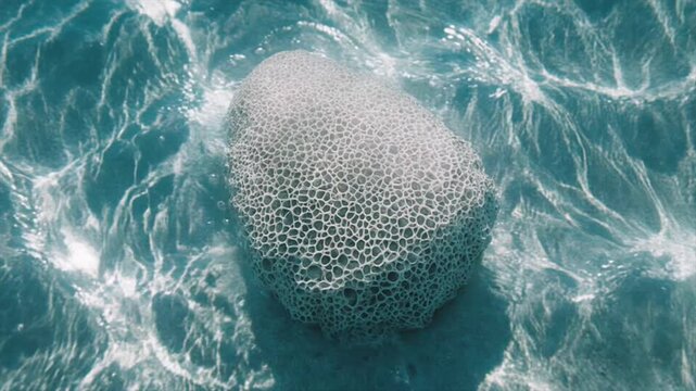 軽石の多孔質構造が水中を浮遊するマクロ映像・気泡と光のゆらぎ