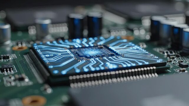 A close-up shot showcases the intricate details of a circuit board, highlighting the glowing processor at its center with a complex network of electronic components.