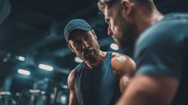 Trainer motivating and guiding athlete during intense workout. Concept of coaching, support and fitness training.