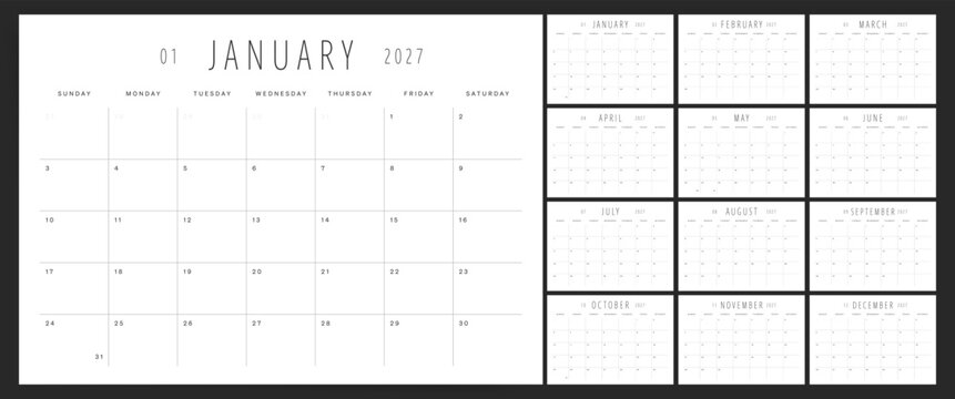 Monthly calendar template for 2027 year. Minimalist planner for 2027 year. Week Starts on Sunday. Calendar Set for 2027 year.
