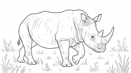 Fototapeta premium line art white rhinoceros walking in savanna grassland illustration