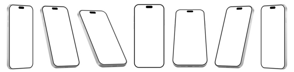 Obraz premium Realistic Smartphone Mockup Set. Perspective Mobile Phones With Blank Screen isolated on Transparent Background