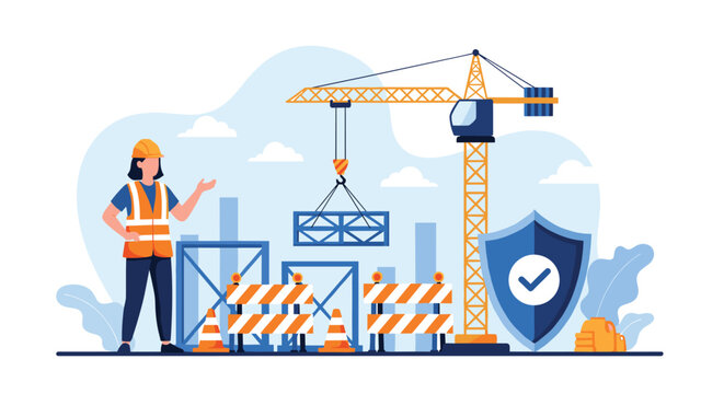 Female civil engineer in safety vest and helmet stands at a construction site with a crane and security shield icon nearby.