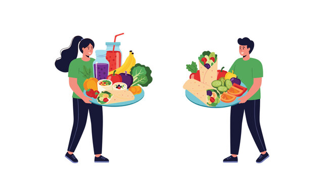 Health conscious man and woman carrying plates filled with nutritious fresh vegetables, fruits, and organic smoothies.