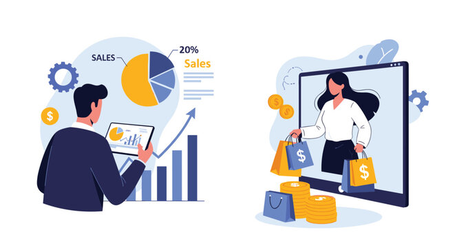 Business analyst reviews sales performance charts while a woman enjoys an easy online shopping experience with bags.