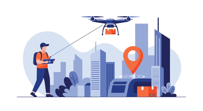 Professional courier uses a remote control to pilot a delivery drone carrying a package over a modern city skyline.