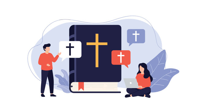 Religious man and woman study a large holy bible together while digital cross icons float in the background space.