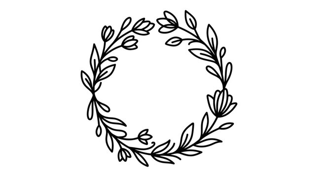 Hand-drawn floral wreath ornament, simple outline border, botanical illustration, vector graphic.