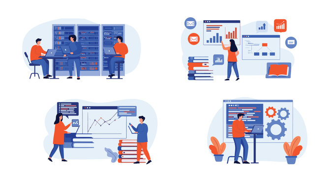 Information technology specialists manage complex server infrastructure and monitor data performance in a data center.