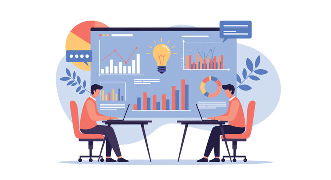 Business analysts work at their desks in front of a large digital screen displaying complex data visualizations.