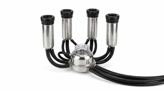 Milking cluster with four teat cups and hoses