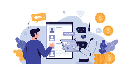 Fototapeta premium Human recruiter and AI robot collaborate to analyze job applications and hiring data on a large digital screen interface.