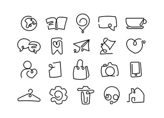 Fototapeta premium Hand drawn icon set with globe book location marker speech bubble cup chat bookmark airplane lamp heart person bag camera