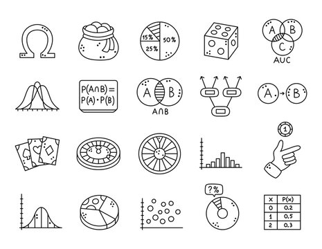 Probability theory set in outline line art featuring sample space dice cards roulette wheel distributions histograms scatter plots venn diagrams formulas