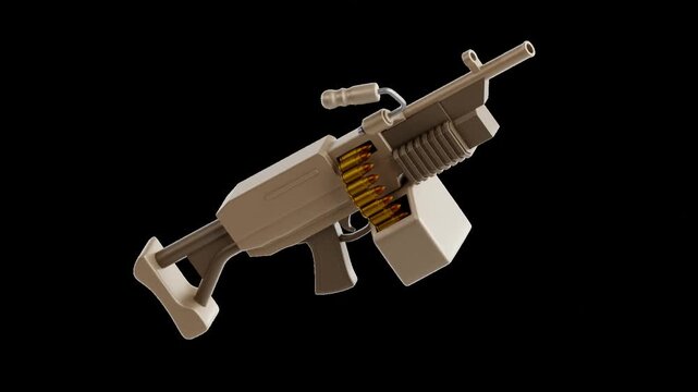 3D animation of a heavy machine gun firing with dynamic motion on a transparent background. Seamless looping effect, ideal for game assets, action scenes, overlays, and military-themed visuals.