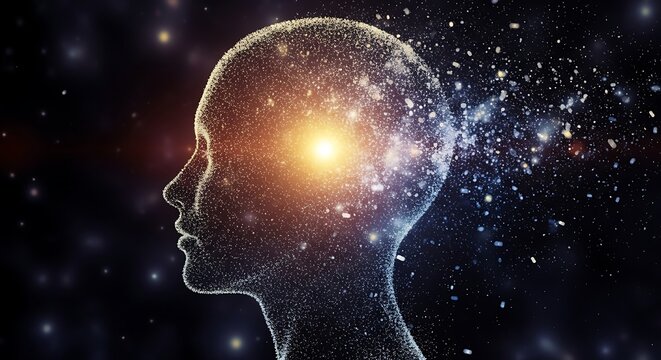 Abstract representation of a human head with a glowing mind and cosmic particles dissolving into a starry universe, symbolizing thought and consciousness.