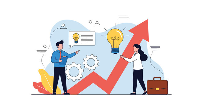 Ambitious business team looking towards a bright future symbolized by a large rising arrow and a glowing lightbulb for creative success.