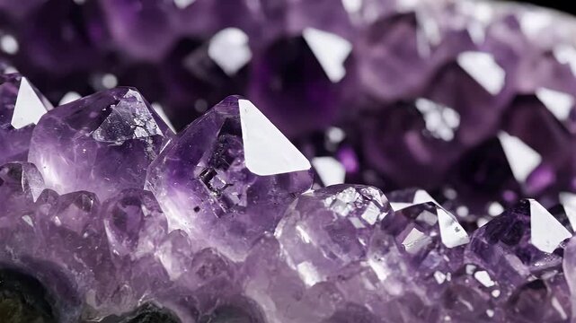 A close-up photograph showcases a cluster of vibrant purple amethyst crystals against a dark background, highlighting their intricate formations and sparkling facets.