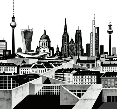 Generate a realistic City skyline silhouettes Berlin, Hamburg, Munich, Cologne, Frankfurt am Main, Stuttgart, Panoramas of German cityscape horizon with abstract brutalism geometric pattern vector art