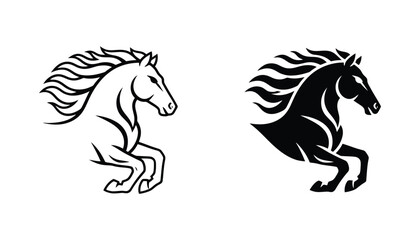 Running horse head with flowing mane line art and solid silhouette icon set for equestrian and animal design © Mystic