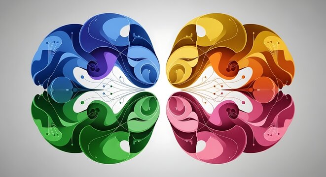 Abstract illustration of two colorful brain hemispheres representing different modes of thought and creativity.