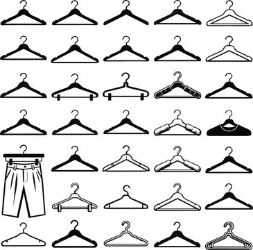 Generate a realistic kinds of Different 28 clothe hangar . Vector art silhouette with white background..