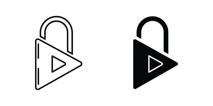 Locked play button icon with open and closed padlock symbols