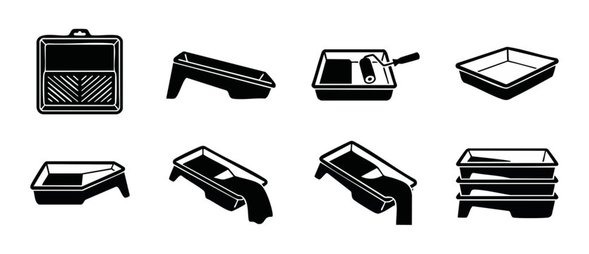 Paint Tray Icon Set for Painting and Home Improvement Projects. Collection of black silhouettes featuring rollers, painting equipment, construction tools, and DIY renovation vector graphics isolated o