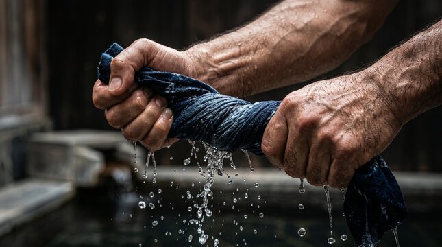 日本の伝統工芸「藍染め」の職人が手ぬぐいを絞る力強い手元。躍動感ある水しぶきと筋肉が際立つクローズアップ広告用ストックフォト素材