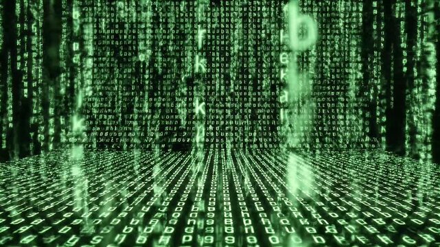 A cascade of green digital code flows down a black background, resembling a virtual rain effect.
