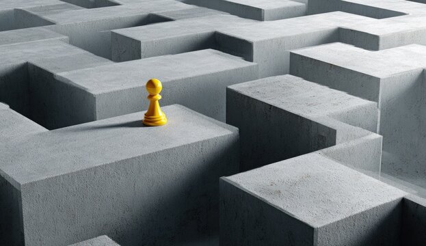 Solitary chess pawn stands on a stark, geometric, concrete maze path