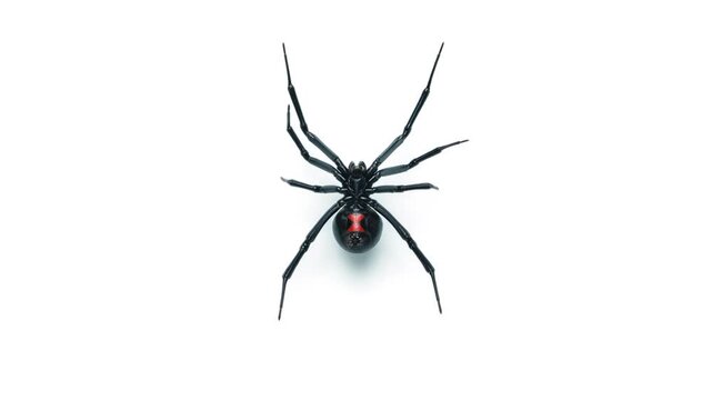 Dangerous black widow spider standing still with its visible red hourglass marking isolated on a pure white background representing venomous arachnid species and pest control management