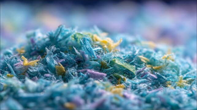 Shredded colored textile fibers macro close-up. Blue, teal and yellow recycled fabric fragments in a dense pile, textile recycling and fiber waste processing concept.