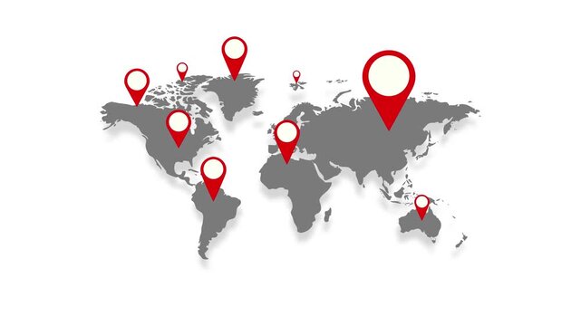 World map animation with red location pins popping up for global travel and logistics business concept 4k animation on white background