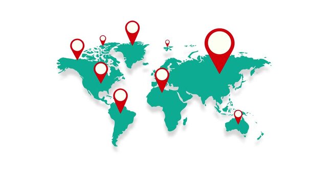 World map animation with red location pins popping up for global travel concept 4k animation on white background