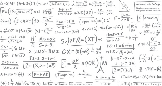 A chaotic collage of handwritten mathematical equations and symbols in various sizes and styles mathematics
