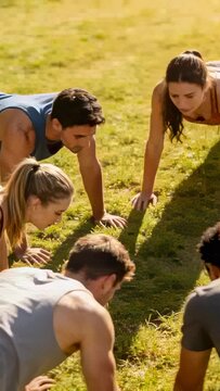 Vertical video: Performing fitness trio training push-ups in sync on sunlit grass, wearing tanks