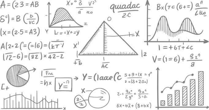 Hand drawn grey mathematical equations formulas graphs and geometric shapes on white background mathematics